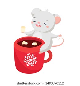 Cartoon mouse. Cute rat sit on cup wit hot cocoa and marshmellow