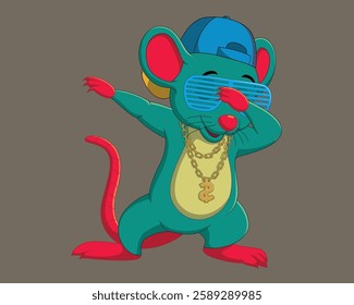 Cartoon mouse dabbing dancing wears sunglasses, hat, and gold necklace vector