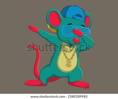 Cartoon mouse dabbing dancing wears sunglasses, hat, and gold necklace vector