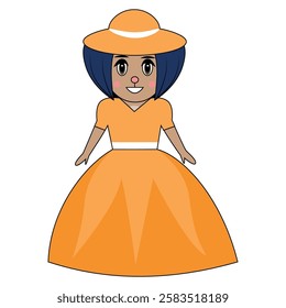 Cartoon mouse dressed in a bright orange gown with a blue hat.