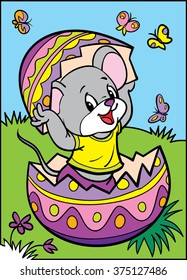 Cartoon mouse in an Easter egg. Coloring. Happy Easter. Vector illustration. Cartoon Vector Illustration. 