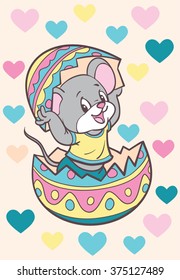 Cartoon mouse in an Easter egg. Coloring. Happy Easter. Vector illustration. Cartoon Vector Illustration. 