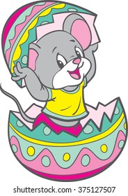 Cartoon mouse in an Easter egg. Coloring. Happy Easter. Vector illustration. Cartoon Vector Illustration. Isolated on white background.