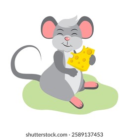 Cartoon mouse eating cheese. Vector flat illustration. Vector 10.