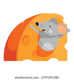 Cartoon mouse enjoying a big piece of cheese, funny rodent character eating its favorite food, isolated illustration on white background