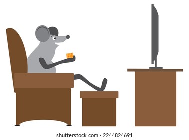 A cartoon mouse is enjoying a cheese snack while watching TV