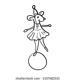 Cartoon mouse in a festive cap on a ball. Circus performance. Doodle illustration in cartoon style