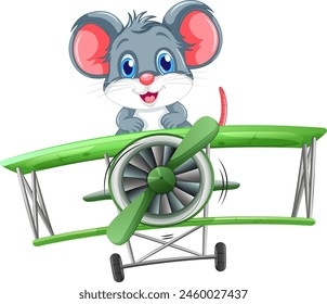 Cartoon mouse flying a green biplane illustration