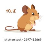 Cartoon mouse with friendly expression, rounded body and large ears vector illustration isolated on white background. Light brown coat with creamy belly and pink accents on its hands. 