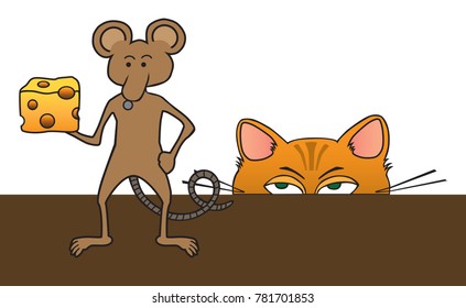 A cartoon mouse is getting ready to eat some cheese unaware that there is a cat behind him