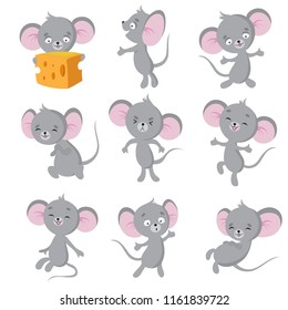 Cartoon mouse. Gray mice in different poses. Cute wild rat animal vector characters. Wild cute mouse and rat, rodent mascot illustration