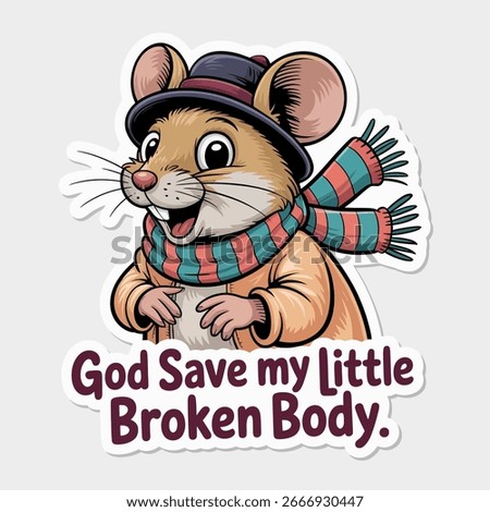 Cartoon mouse with hat and scarf isolated on white background, expressing a poignant message with a touch of humor, suitable for design and creative projects
