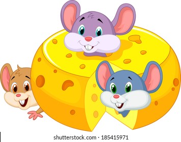 Cartoon mouse hiding inside cheddar cheese