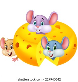 Cartoon mouse hiding inside cheddar cheese