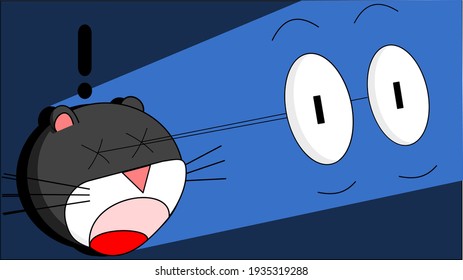 A cartoon mouse with his eyes bugging out from his face in surprise, an exclamation point above his head and blue background. 