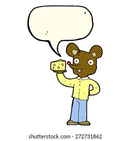cartoon mouse holding cheese with speech bubble