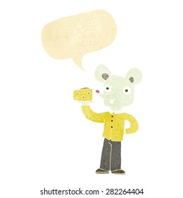ratón de dibujos animados sostiene queso con burbuja de habla