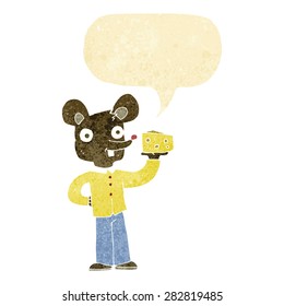 ratón de dibujos animados sostiene queso con burbuja de habla