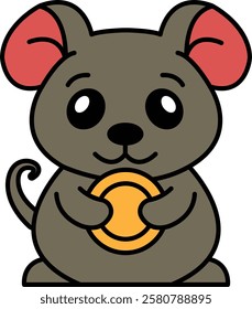 A cartoon mouse holding a gold coin. The mouse is cute and happy. The coin is shiny and golden