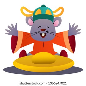 Cartoon mouse holding hat vector illustartion on white background