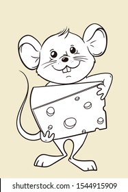 Cartoon mouse holding a piece of cheese, hand drawn outline vector illustration