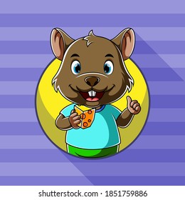 The cartoon of the mouse holding a square delicious cheese in his hand with the happy face