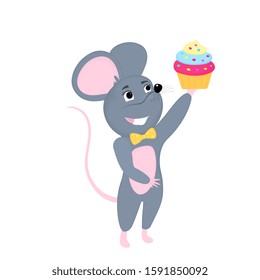 Cartoon mouse holds Birthday cake. Funny rat. Mice. Symbol of Chinese New Year 2020.