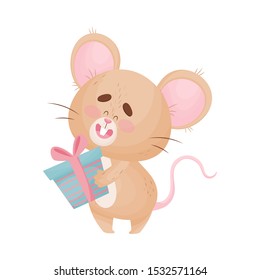 Cartoon mouse holds a gift. Vector illustration.