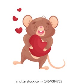 Cartoon mouse holds the heart. Vector illustration on white background.