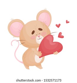 Cartoon mouse holds in his hands more heart. Vector illustration.