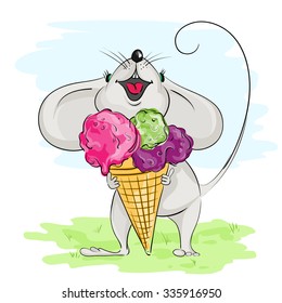 Cartoon mouse with ice cream in hand. The mouse is the green grass on blue sky background