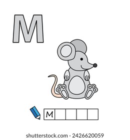 Cartoon mouse illustration. Learning game for small children - write a word in Russian language. Vector alphabet for kids