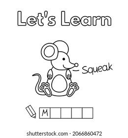 Juego de aprendizaje del ratón de dibujos animados para niños pequeños - colorear y escribir la palabra. Páginas de libros de coloreo de vectores para niños