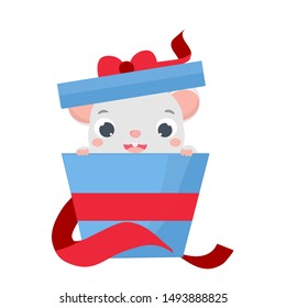 Cartoon mouse. Little Cute look out blue gift box