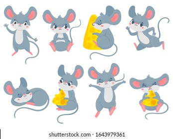 Ratón de caricatura. Pequeñas y lindas casas, divertidas mascota de roedores y ratones con un conjunto vectorial de queso. Colección de adorables ratas amigables corriendo, comiendo, durmiendo. Conjunto de animales domésticos felices o plagas.