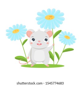 Cartoon mouse. Little Cute rat stand under flowers