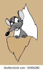 Cartoon Mouse looking behind a  torn paper.