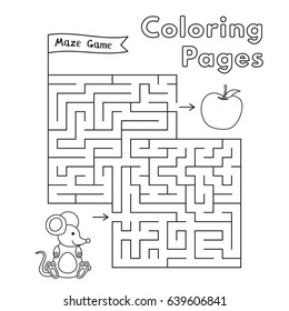 Cartoon mouse maze game. Vector coloring book pages for children