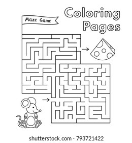 Cartoon mouse maze game. Vector coloring book pages for children