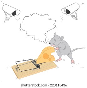 Cartoon mouse in a mousetrap under camera surveillance.