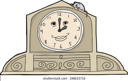 Cartoon mouse on top of smiling mantle clock