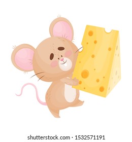 Cartoon mouse with a piece of cheese. Vector illustration.