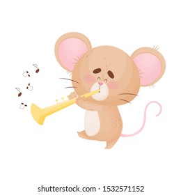 Cartoon mouse playing the pipe. Vector illustration.