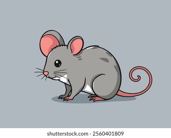 A cartoon mouse, positioned slightly to the left of center in the image. The mouse is a light gray color, with pink ears and a pink tail that curls in a spiral. 