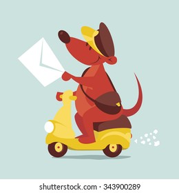 Cartoon mouse the postman drives scooter and carries the letter in hand