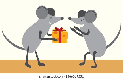 A cartoon mouse is presenting a gift of cheese to another cartoon mouse