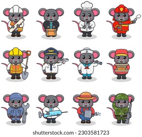 Cartoon Mouse in professional uniform. Vector set of Mouse different professions. Vector characters with jobs different occupation. Different jobs professionals. Isolated vector icons set