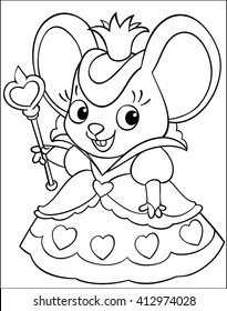 Cartoon Mouse - Queen of Hearts, Wonderland. Coloring for children. Black strokes on white background.