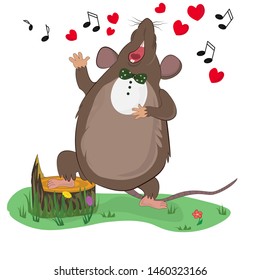 Cartoon mouse or rat sings a Serenade. Funny Declaration of love. Background for postcards. Vector illustration.