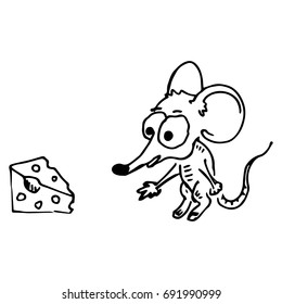 Cartoon mouse reaches for a piece of cheese. Mouse and cheese. Vector illustration.